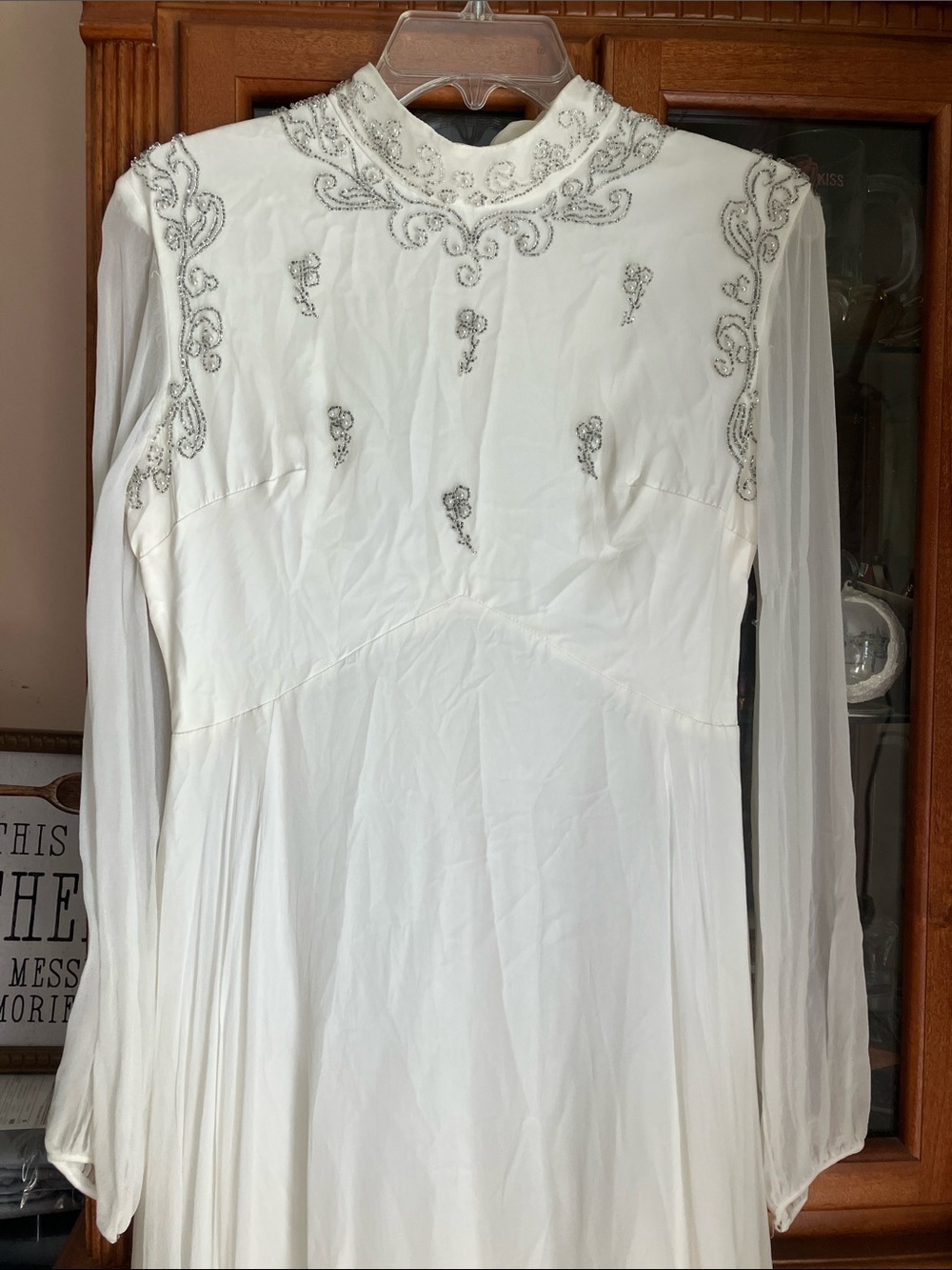 Vintage Elegant White Embellished Long-Sleeve Maxi Dress sheer sleeves